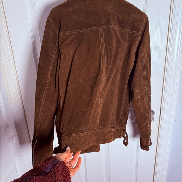 Express Men's Chocolate Brown Suede Bomber with Cream Collar - Picture 8 of 8